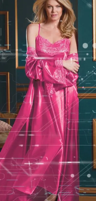 Elegant woman in pink satin gown standing gracefully.