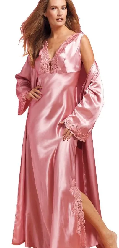 Elegant pink satin nightgown with lace details.