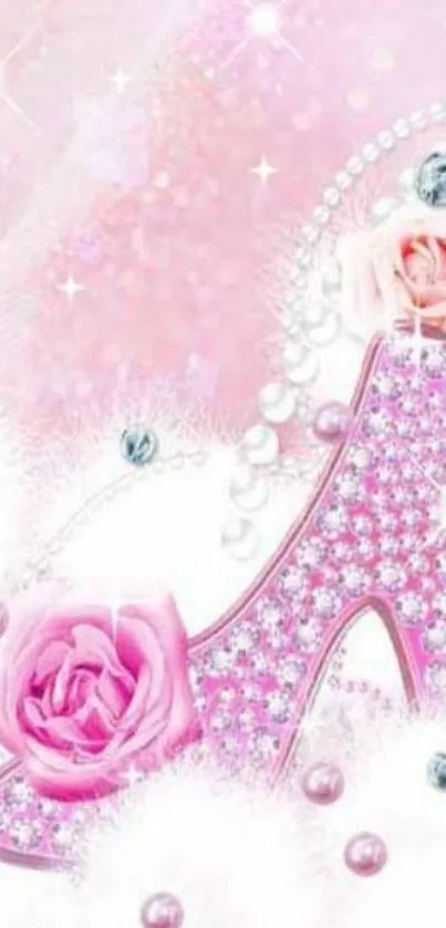 Mobile wallpaper featuring a sparkling pink shoe with roses and pearls.