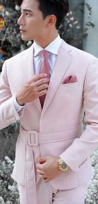 Man in an elegant pink suit, exuding style.