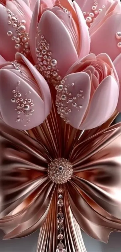Elegant pink tulip bouquet with pearl accents.