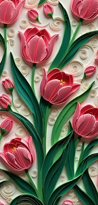 Elegant pink tulips with green leaves in a decorative pattern.