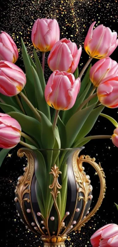 Elegant mobile wallpaper with pink tulips in a black and gold vase.