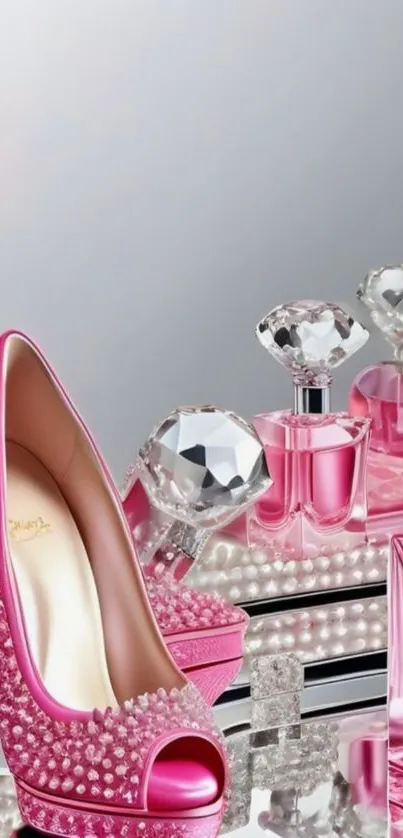 Pink high heel with perfume bottles and mirror.