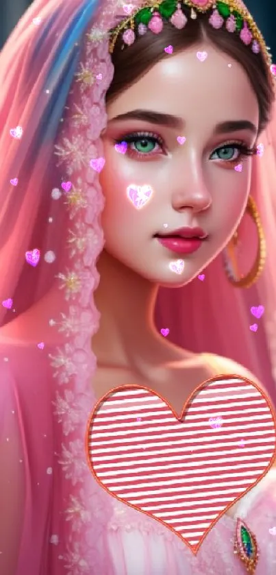 Elegant digital art of a woman in a pink veil with jewels and flowers.