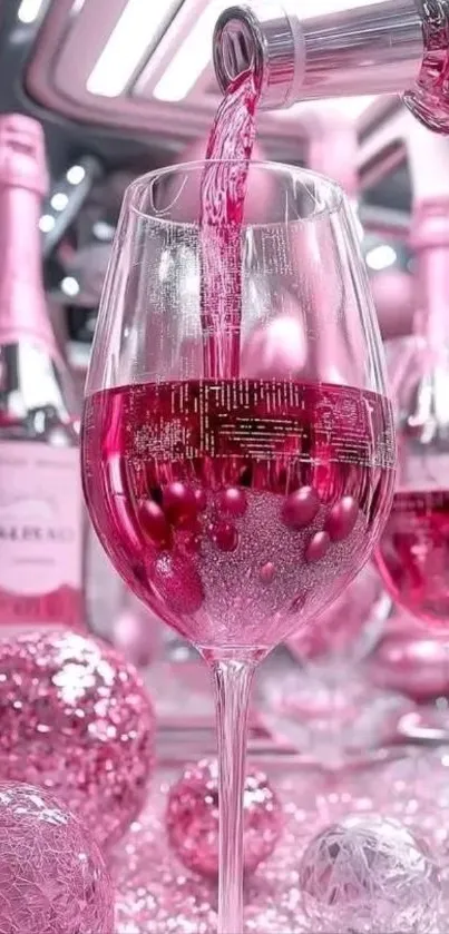 Pink wine being poured into a glass, surrounded by decor.