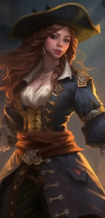 Elegant pirate heroine in blue attire, fantasy art.