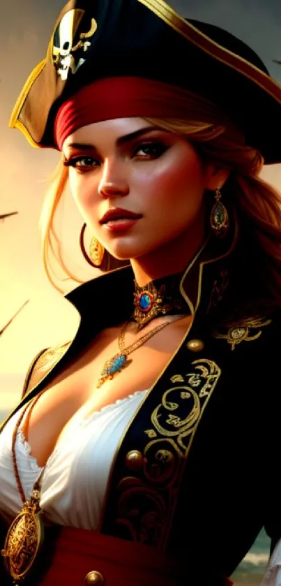 Elegant pirate lady in ornate attire with ships in the sunset background.