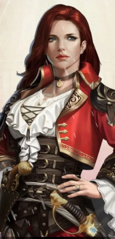 Fierce pirate warrior wallpaper with red and white attire.