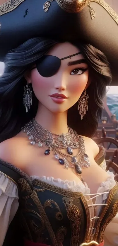 Elegant pirate woman in detailed attire aboard a ship in fantasy art.