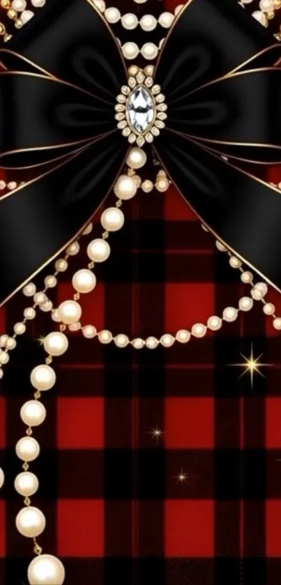 Elegant black bow with pearls on red plaid background.