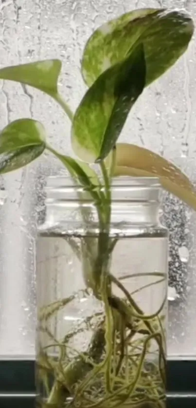 Green plant in a glass jar by rainy window.