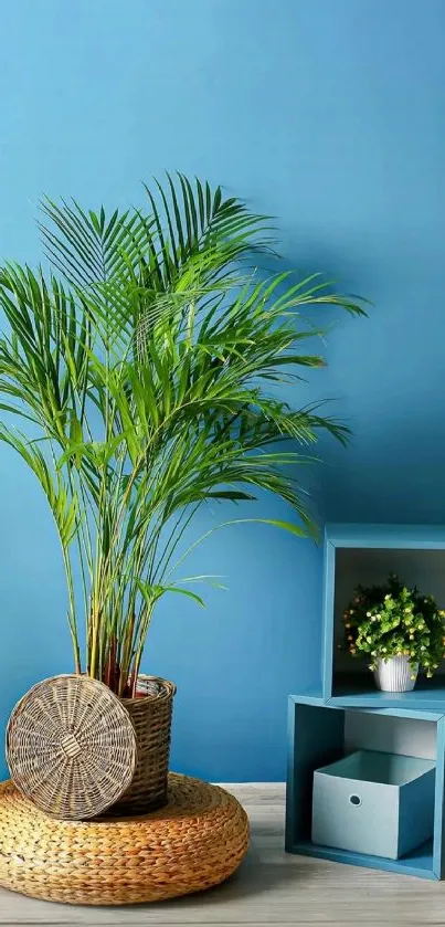 Elegant plant against a blue wall with wicker and shelf decor.