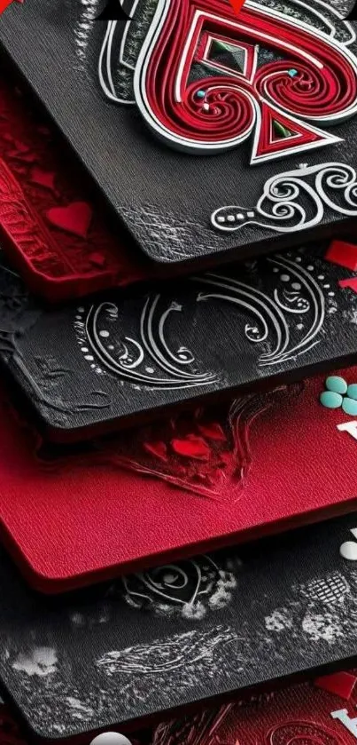 Stack of elegant playing cards in red and black design for mobile wallpaper.