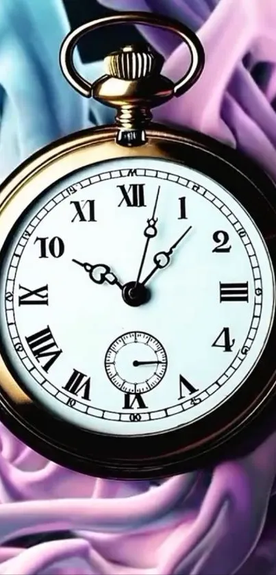 Pocket watch on a pastel swirl background.