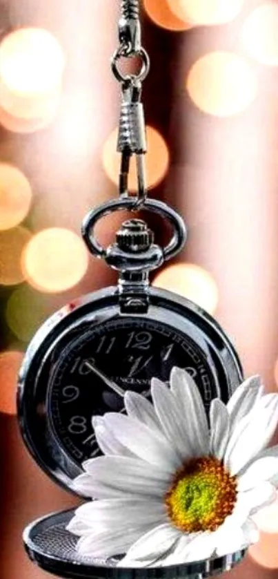 Pocket watch with daisy and bokeh background on wallpaper.