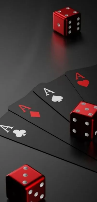 Black poker cards with red dice on a sleek wallpaper design.