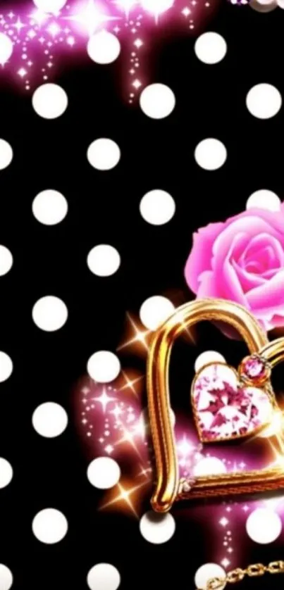 Elegant mobile wallpaper with polka dots, pink roses, and heart jewel.