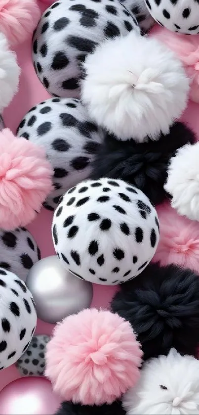 Fluffy spheres with polka dots on a pink background.