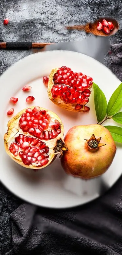 Pomegranate on a plate with seeds and leaves against a black background.