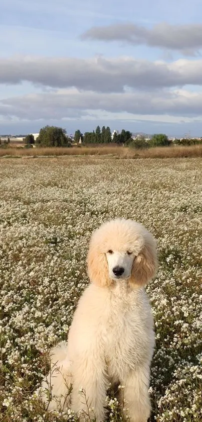 White poodle in a field of flowers under a cloudy sky.