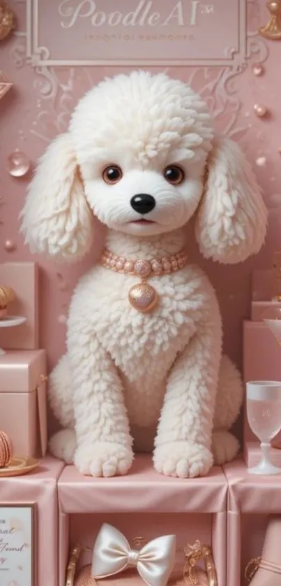 Elegant poodle in a luxurious pink setting with ornate decor.
