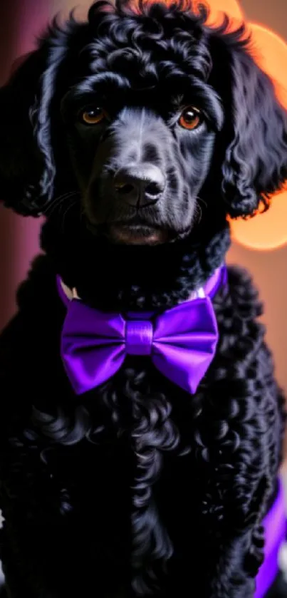 Black poodle with purple bow tie on elegant wallpaper.