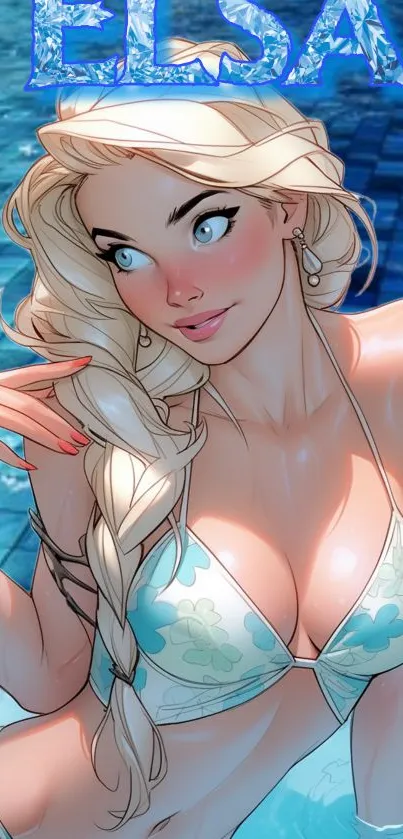 Fantasy art of a blonde woman in a pool with blue water background.