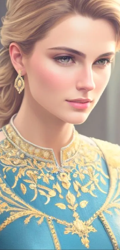 Elegant portrait art with turquoise and golden dress design on phone wallpaper.