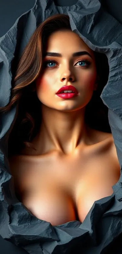 Elegant woman emerging from torn paper.