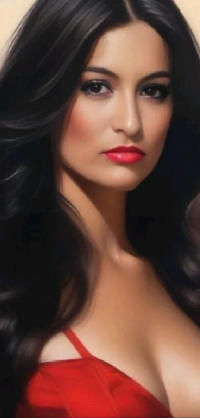 Digital artwork of a woman in a red dress with dark hair.