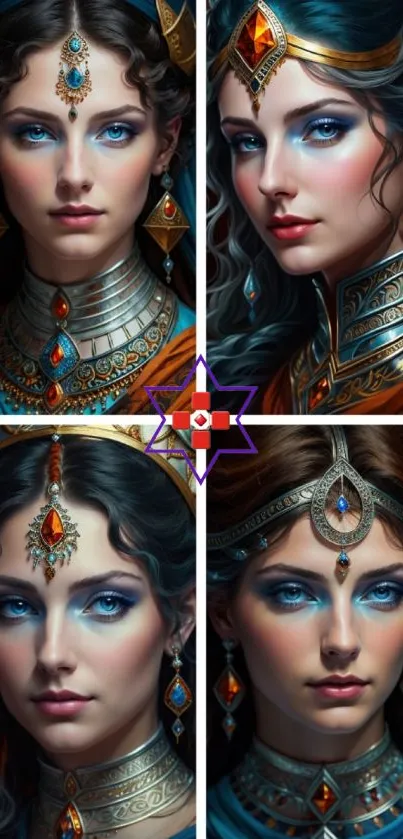 Elegant fantasy portrait with jewelry and vibrant colors.