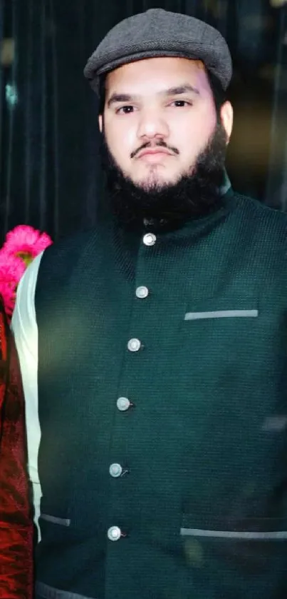 Portrait of a man in a green vest with floral background.