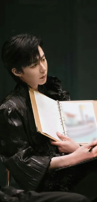 Person in elegant dark outfit holding an open book.