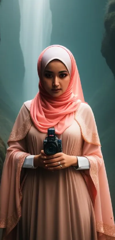 Elegant peach-clothed woman standing in a serene canyon.