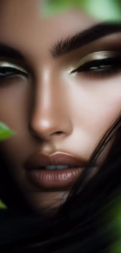 Elegant woman portrait with green leaves, close-up.