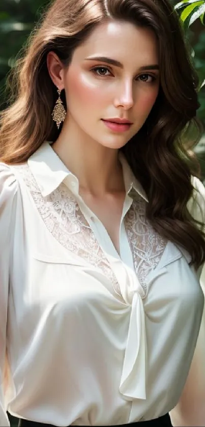 Elegant woman in white blouse surrounded by greenery.