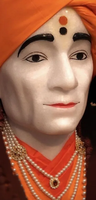 Elegant figure with orange turban and pearls.