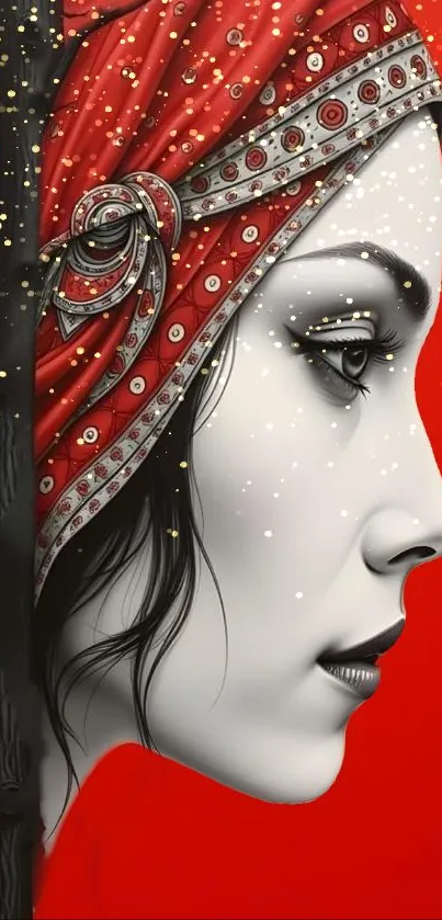 Striking portrait with red headscarf and intricate details.