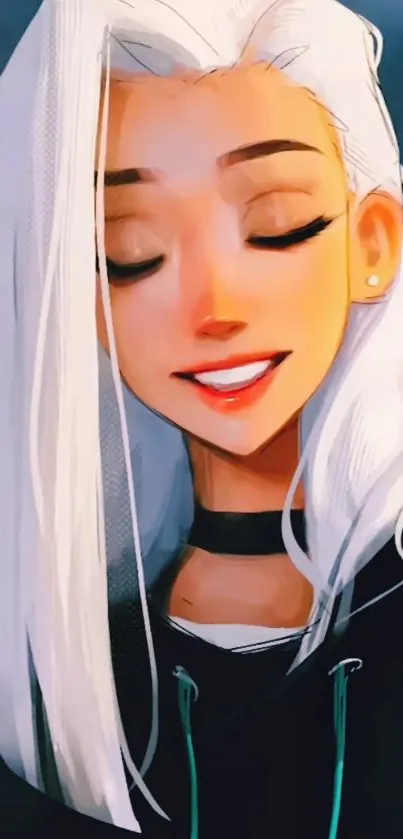 Illustrated character with white hair and smiling expression on mobile wallpaper.