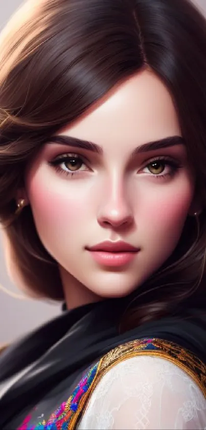 Elegant brunette portrait wallpaper for mobile.