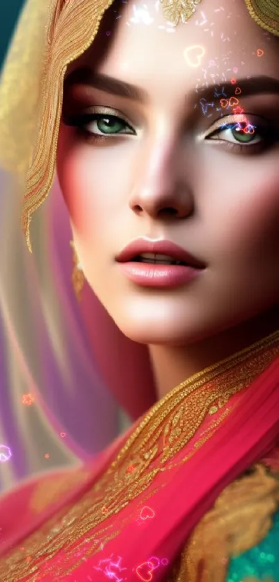 Elegant portrait with gold details and red veil mobile wallpaper.