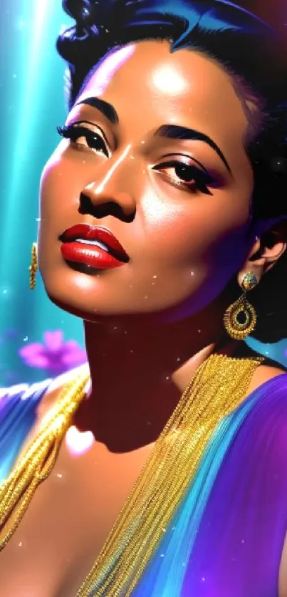 Elegant woman in colorful lighting, digital art portrait.