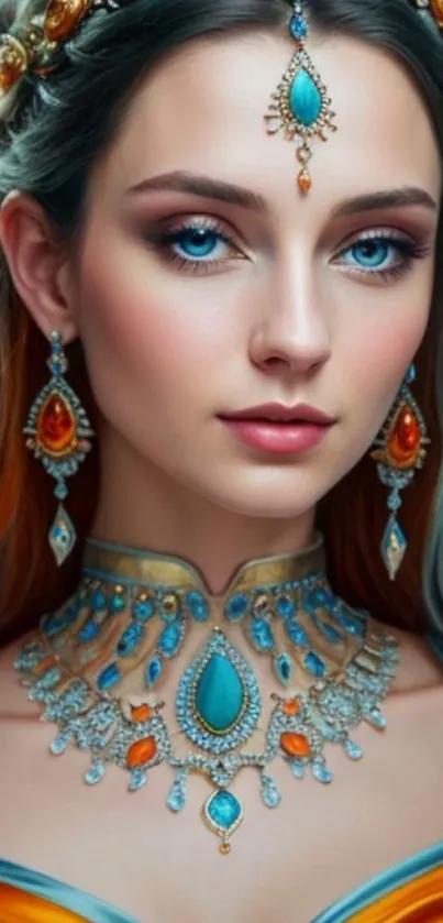 Elegant portrait wallpaper with blue and orange jewelry design.