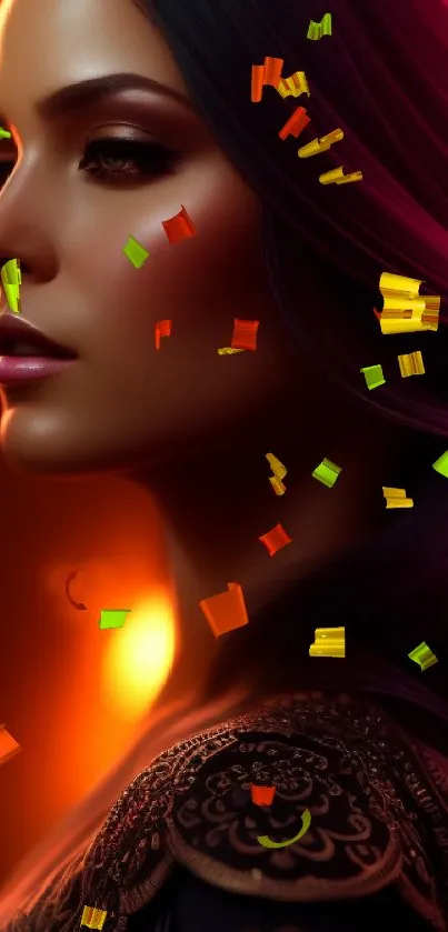 Elegant portrait with vibrant colors and intricate details for mobile wallpaper.