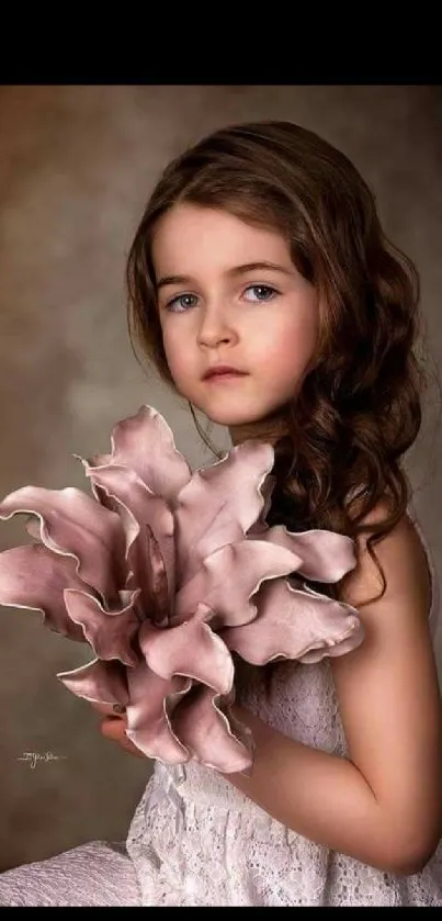 Elegant portrait of a girl holding flowers on a mobile wallpaper background.