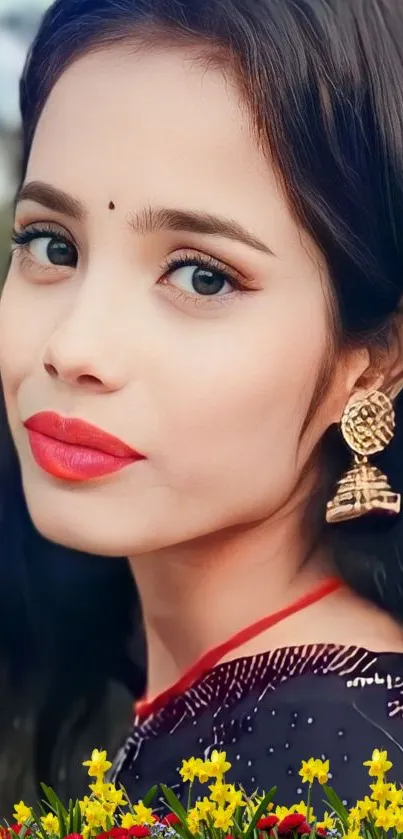 Elegant portrait wallpaper with golden earrings and vibrant lips.