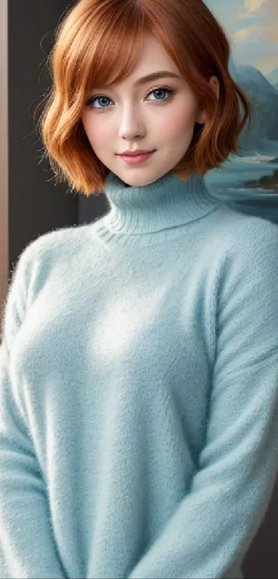 Elegant woman in blue sweater mobile wallpaper.