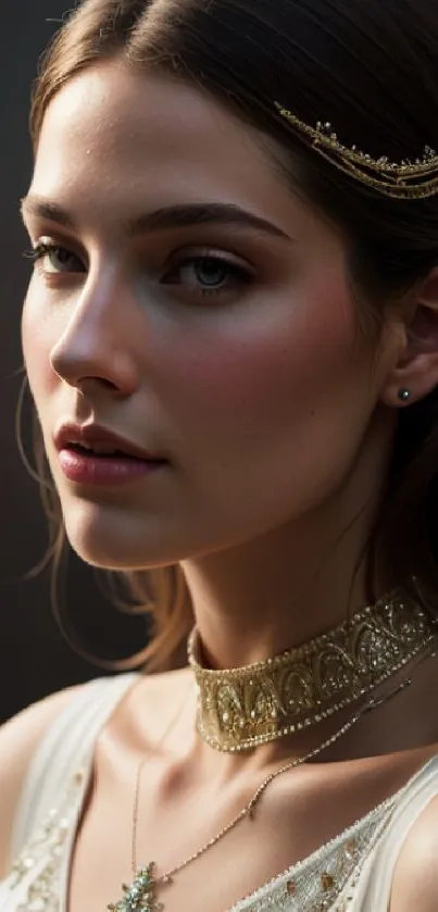 Elegant portrait of a woman with stylish accessories and a serene expression.
