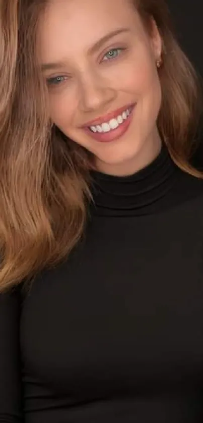 Elegant smiling woman in black turtleneck.